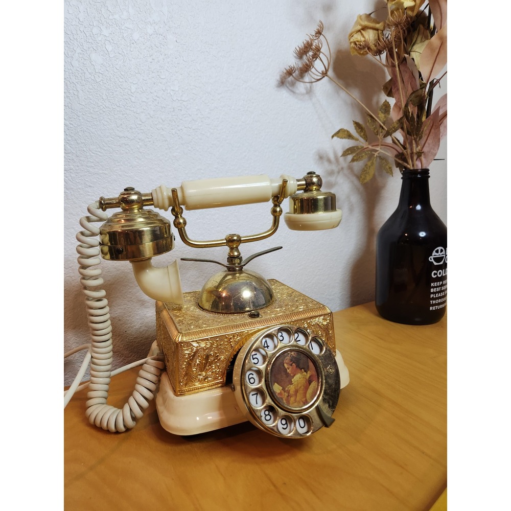 vtg Victorian Rotary style  Telephone Ivory Gold Decorative Retro Landline Phone